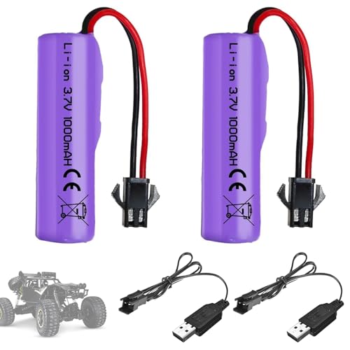 SKIKHN 2 Stück 1000mAh 3.7V RC Akku, Wiederaufladbare Lithium-Batterien mit UBS Ladekabel SM-2P Stecker, Universal Li-Ion Battery Compatible Für RC Fahrzeuge, Boote, Panzer, Auto, Roboter, Stunt Car