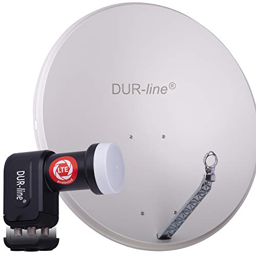 DUR-line 4 Teilnehmer Set - Qualitäts-Alu-Satelliten-Komplettanlage - Select 85cm/90cm Spiegel/Schüssel Hellgrau + Quad LNB - für 4 Receiver/TV [Neuste Technik, DVB-S2, 4K, 3D]