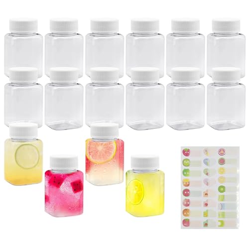 16 Transparente Getränke Plastikflaschen, 100ML Leere Quadratisch Kunststoffflasche, Mini Smoothie Flasche Saftflaschen, Smoothie Flasche Saftflaschen, Wiederverwendbare Saftflasche für Milch Kaffee