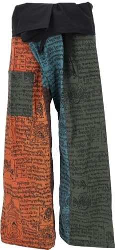 GURU SHOP Thai Fischerhose aus Fester Baumwolle, Patchwork Wickelhose, Yogahose, Unigröße - Orange/bunt, Herren/Damen