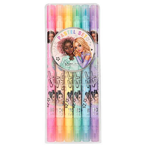 Depesche 12188 TOPModel - Stifte Set für Kinder, mit 6 Filzstiften in Pastellfarben, Doppelfaserstifte im Etui mit Pinsel- und Finelinerspitze