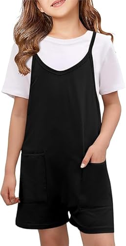 Haloumoning Mädchen Jumpsuit Kinder Ärmelloses Overall Sommer Lässig Kurze Latzhose Loose Fit Baumwolle Shorts mit Spaghetti Strap und Taschen Schwarz 150
