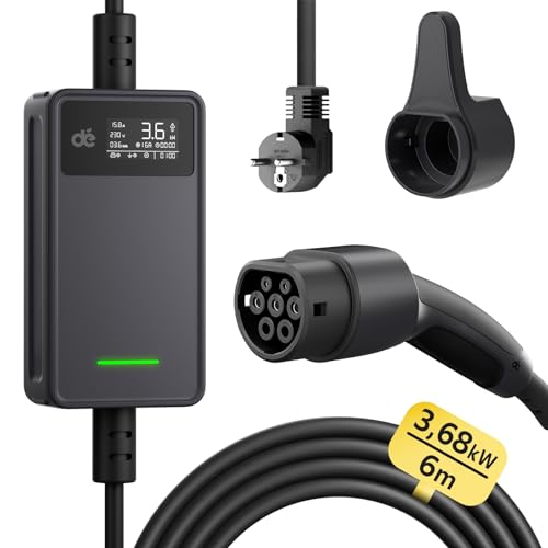 dé Typ 2 Ladekabel Schuko für Elektroauto - Ladekabel Elektroauto Typ 2 Schuko 3,68kW [1-phasig, 6m, 6-16A] mit Steuerbarer Digitalanzeige - EV Charger für GLA, X3, ZOE, ID.3, ID.4 und mehr PHEV/EV