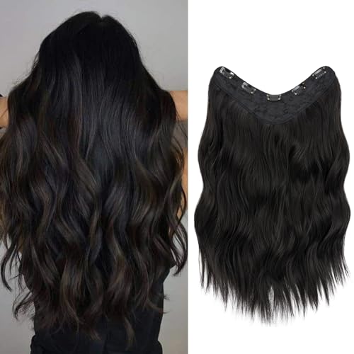 TESS Clip in Extensions Gewellt, 45 cm Haarverlängerung Clip in Schwarz Kunsthaar Einteiler mit 5 Clips Haarteil Extensions U-Form