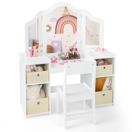 COSTWAY 2 in 1 Kinder Schminktisch mit abnehmbarem Spiegel, Frisiertisch Prinzessin mit Stuhl, Kosmetiktisch mit Aufbewahrungsboxen & offenen Fächern, Schminkkommode Holz für Mädchen (Weiß)