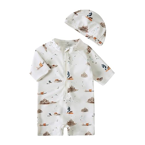 Generisch Badeanzug für Kleinkinder Badeanzug für Kleinkinder Baby Jungen Einteiler langärmelig Rashguard Reißverschluss Badebekleidung mit Hut Strandmode Neoprenanzug