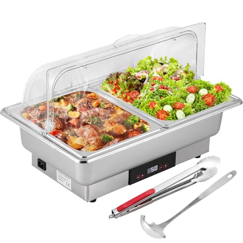 YUCHENGTECH Chafing Dish Elektrisch 9L Buffetwärmer Elektrisch Speisenwärmer Edelstahl mit Temperaturregelung und Durchsichtigem Deckel für Catering Hochzeitsfeiern Restaurants Unterhaltsam