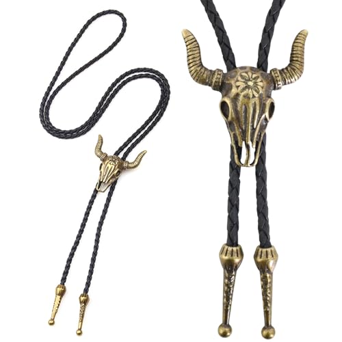 Tibapla Bolo-Krawatte Leder Halloween Krawatte Cowboy Kuh Schädel Western Cowboy Krawatte Halskette Lariat Halskette Schwarz Leder Rodeo Anhänger für Damen und Herren