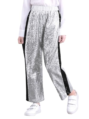 Jhaoyu Kinder Glitzer Pailletten Tanzhose Jungen Mädchen Glänzend Hip Hop Hose Jazz Dancewear Karneval Fasching Party Tanzkleidung Silber 122-128