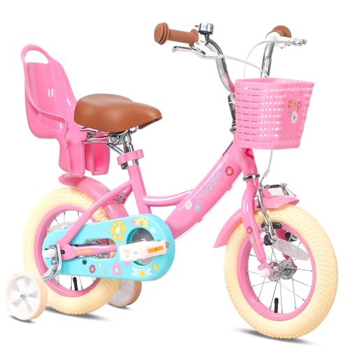 Glerc Maggie 12 Zoll Kinderfahrrad Alter 1 2 3 4 Jahre alt Mädchen Fahrrad Prinzessin Stil mit Puppen-Sitz & Korb & Stützräder & Glocke für Geburtstag,Rosa