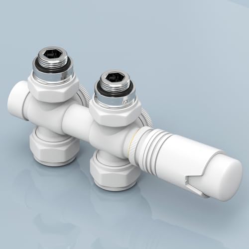 EMKE Multiblock Set für Heizkörper mit Thermostat, Hahnblock Eck und Durchgangsform Ventilhahnblock Mittelanschluss Heizkörperventil mit 50 mm Nabenabstand für Kunststoff (φ16 mm* G1/2" Weiß)
