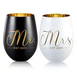 xilaxila Mr and Mrs EST 2025 Wine Glasses Gifts- Cool Engagement Gifts, Wedding Gifts for Couples, Bride and Groom, His and Hers- Bridal Shower Gifts for Bride To Be