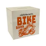 Bike Bank Spardose aus Holz in orange zum Thema Motorradkauf und Motorrad Fahren schöne Sparbüchse Geschenk für Sparfüchse die Träume eines Bikers mögen oder Sich ihren eigenen