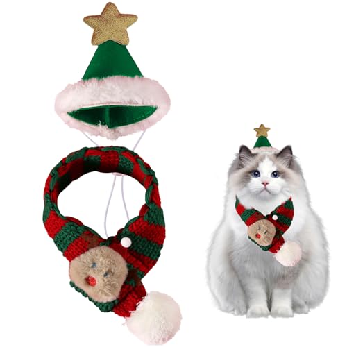 2 Stück Weihnachtskostüm für Katzen, Weihnachtskostüm für Hunde, Weihnachtsmann-Mütze, Schal, Katzenkostüm, Haustier Weihnachtsmütze, Weihnachten Hundekostüm Katzenkostüm (Braun)