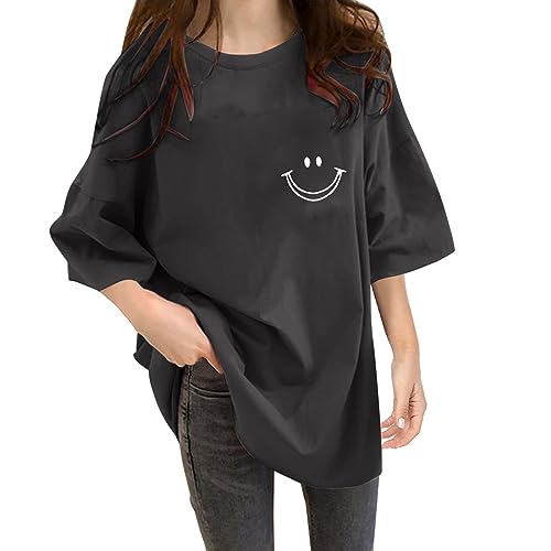 Kobilee Oversize Tshirt Damen - Bedruckt Große Größen Longshirt Rundhals Kurzarm T Shirt mit Druck Elegant Tshirt Locker Shirt Locker Lang Damenshirt Plus Size 3/4 Arm Kleidung