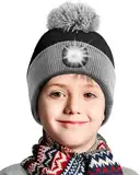 Deilin Bommel Beanie Mütze mit Led Licht Kinder, Unisex Winter Strickmütze mit Stirnlampe USB Wiederaufladbare Waschbar Kappe, Weihnachten Geburtstag Geschenk für Jungen Mädchen, Schwarz + Grau