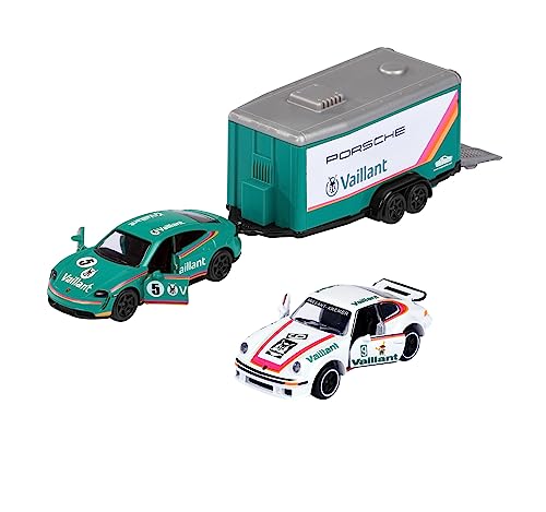 Majorette - Race Trailer Set - 2 Spielzeugautos & 1 Anhänger im Motorsport-Design, Autos und Trailer aus Metall, 19 cm, für Kinder ab 3 Jahren, zufällige Auswahl