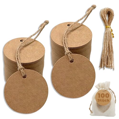 Kraftpapier Rund Anhänger Etiketten, 100 Stück Braun Geschenkanhänger mit 100 Stück Juteschnur, 5 CM kraftpapier Etiketten Tags, für Verpacken, Hochzeiten, Partys, Wahletiketten, Preisschilder