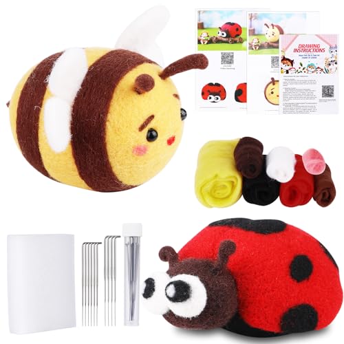 Tundi Nadelfilz-Set, Woll-Nadelfilz-Starter-Set, Nadelfilz-Set (Marienkäfer, Biene), mit Anleitung, Filzschaummatte, Wollfilzzubehör für DIY-Handwerk, Geschenk, Heimdekoration