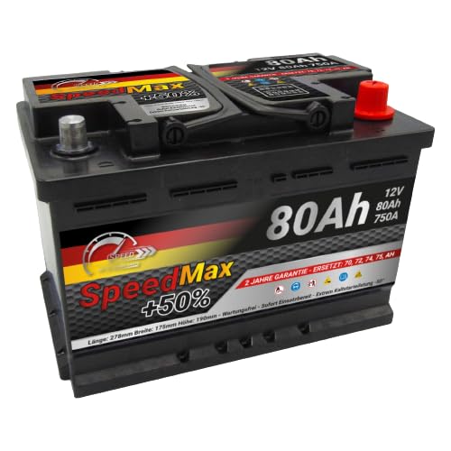 SMC Autobatterie Speed Max 80Ah L3 750A EN 12v PKW Ersetzt 65Ah 70Ah 72Ah 74Ah Starterbatterie wartungsfrei- Maße der Batterie: 278 x 175 x 190 mm - Pluspol rechts (DX+)