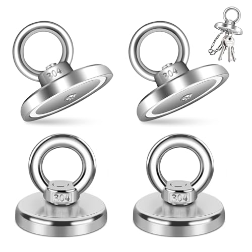 4 Stück Magnete Stark Groß 55kg Neodym Magnet, Stark Neodym Ösenmagnet, Starke Magnetfischen, Magnet Fishing mit Heberinge und Schrauben Durchmesser 42 mm für Entferner, Tag, Laden, Heben und Abholung