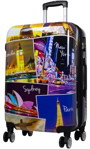 Warenhandel König Hartschalen Koffer Trolley mit hochwertigem Motiv Print Five Cities mit Dehnfalte, Größe L
