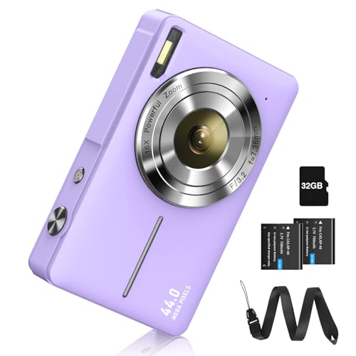 Digitalkamera Fotokamera FHD 1080P 44MP Fotoapparat mit 32G Karte 16X Digitalzoom Digital Kamera mit Batterie Tragbare Einfache Digitalkamera für Kinder Student Teenager Anfänger Senioren (Lila)