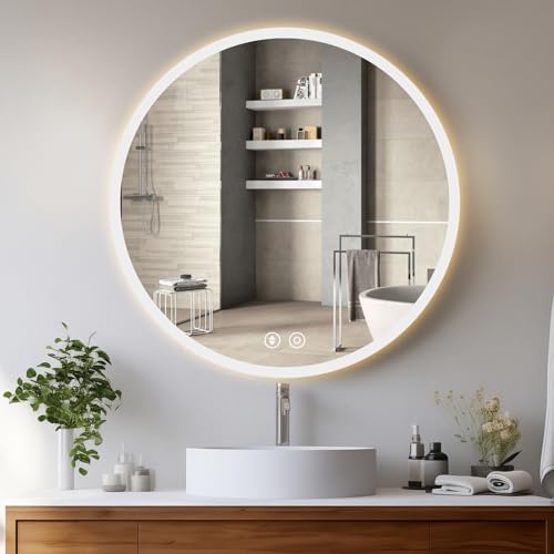YOLEO Badspiegel rund mit Beleuchtung 70cm, LED Spiegel mit Touchschalter, Badzimmerspiegel LED Beschlagfrei, 3 stufenlos einstellbare Lichtfarbe