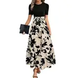 Sommerkleid Damen Lang A Linien Tunikakleid Hohe Taille Maxikleid Round-Ausschnitt Luftiges Partykleider Mit Taschen Langer Plissee Dress Freizeitkleid Elastischem Bund Beige L