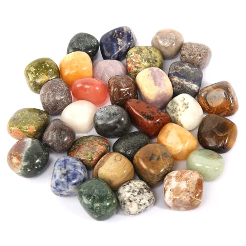 AOROPS Edelstein Set, 400g Bunte Naturstein Trommelsteine 2-3cm, Groß Edelsteine Bunte Steine mit Schwarzen Stoffbeutel Halbedelsteine Mischung für Dekoration Schatzsuche