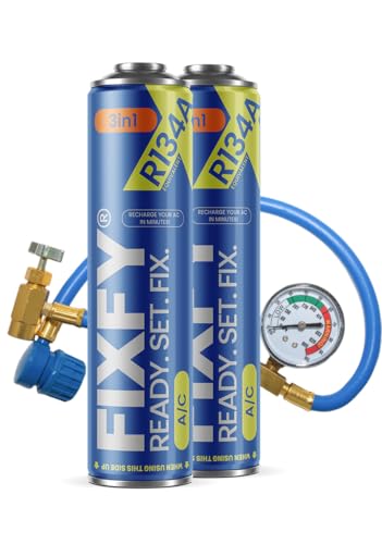 FIXFY 3in1 – Ersatz für Kältemittel R134a mit Öl und Dichtmittel – Set mit Schlauch und Manometer, 500 x 2 Dose ml, zur Selbstbefüllung der Klimaanlage in Autos 1995–2016