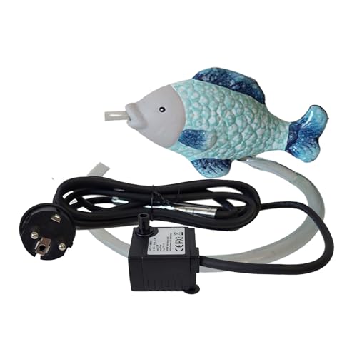 Wasserspeier Fisch aus Keramik mit Pumpe 230V - Ideal für Miniteiche - Balkondeko - Wetterfest - Gartendeko -Teichzubehör - Wasserspeier Teich Fisch