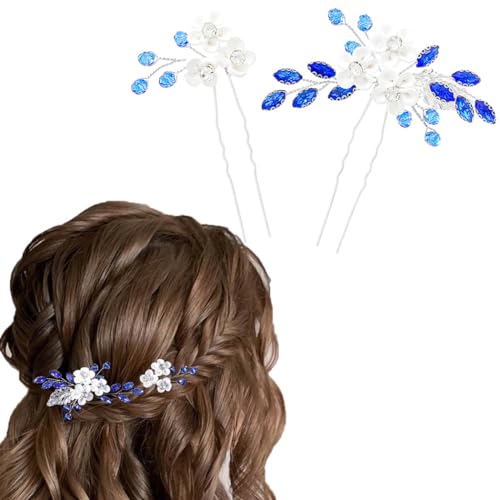 Flayem Hochzeit Haarnadeln Braut Blume Haarschmuck Blau Kristall Haarspangen für Braut und Brautjungfern（2Stück）