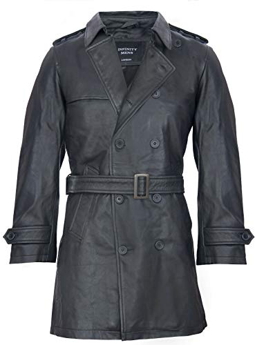 Infinity Leather Herren Schwarz German Military WW2 Jahrgang Lange Regenmantel Echtlederjacke L