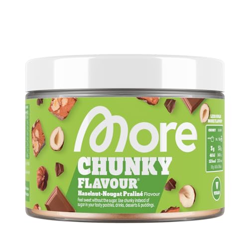 MORE Chunky Flavour, Hazelnut-Nougat Praline, 150 g, vegan, Geschmackspulver zum Süßen, ohne viel Zucker und Kalorien, mit Inulin und Laktase, geprüfte Qualität - made in Germany