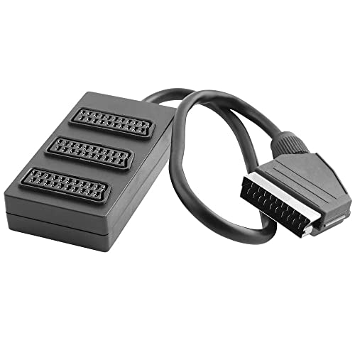 PADCR Audio Video Verteiler, 1 Scart-Stecker männlich auf 3 Scart Buchse Kupplung weiblich, mit 40cm Kabel, Schwarz