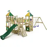 WICKEY Spielturm Ritterburg Smart Queen mit Schaukel, grün-gelber Plane & grüner Rutsche, Outdoor Kinder Kletterturm mit Sandkasten, Leiter & Spiel-Zubehör für den Garten