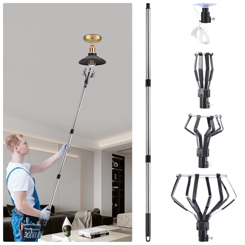 Novelfun Glühbirnenwechsler für Hohe Decken, LED Classic Lampe (Schraubgewinde) Glühbirnen Wechsel, 2-12FT Edelstahl Verlängerungsstange, 3 Einstellbar Krallen und 1 Einstellbar Saugnapf