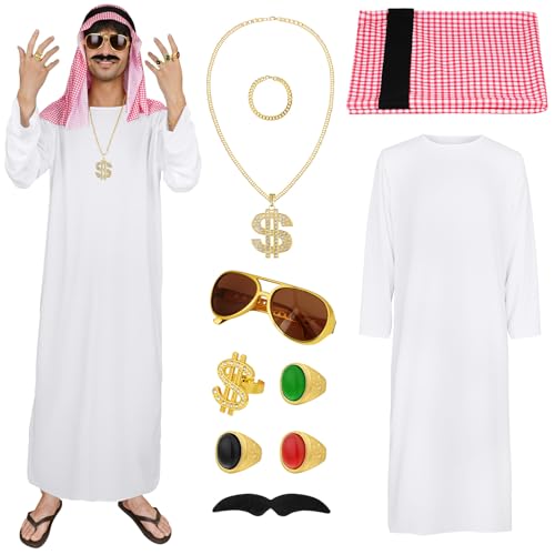 BSBUY Kostüm Arabischer Scheich Set 10 Pcs Scheich Kostüm Herren mit Weißes Arabisches Gewand kariertes Kopftuch Brille Halsketten Armbänder Ringe und Bart Sheikh Araber Kostüm Scheich Arabo Costume