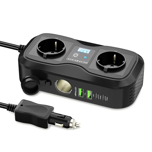 AUCARAUTO 200W kfz Spannungswandler, 7in1 Wechselrichter 12V auf 220V/230V Stromwandler[2 AC Steckdose+2 USB-C 20W+2 USB-A 18W Ports+120W Zigarettenanzünder Verteiler], USB C Auto Ladegerät Ihr Laptop