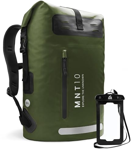 MNT10 Wasserdichter Rucksack mit vertikaler Vordertasche 35L & 55L | Rückseite mit EVA-Polsterung | Innenfach mit Reißverschlusstasche und Schlüsselhalter | inklusive Handyhülle (Dark Green, 35L)