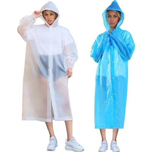 Yahunosu Wiederverwendbare Regenmäntel, 2pcs EVA-Regenponchos für Erwachsene, packbare Regenjacken wasserdichte Regenmantel mit Kordelkordel ＆ elastischen Manschettenkästen-resistentem Regen Cape