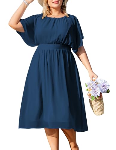 Hanna Nikole Midilang Chiffon Kleid Elastische Taille Abiballkleid für Mollige Frauen Navy Blau 46