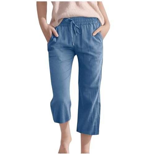 Generisch 3/4 Lange Leinenhose Kinder Mädchen Sommer Baumwolle Leinen Hose Lässige Weitem Bein Strandhose Leicht Einfarbig Jogginghose Hohe Taille Freizeithosen mit Taschen Sommerhose für Outdoor