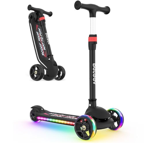 BELEEV A9 Roller Kinder 3-12 Jahre, 3 Räder Faltbare Scooter mit LED Leuchtenden Räder und Deck, 4 Höhenverstellbarer, Rutschfestes Deck, Lean-to-Steer, Kinderroller für Mädchen & Jungen, Dreiräder