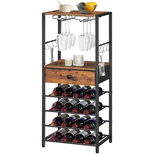 HOOBRO Weinregal, 6-Lagiges Freistehendes Weinregal mit Schublade, 16 Flaschen Weinregal mit Glashalter, Weinflaschenregal und Haken, Countertop Weinregal, Vintagebraun und Schwarz EBF10JJ01