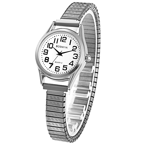 JewelryWe Damenuhr Elegant Analog Quarz Armbanduhr Damen Lässige Uhr mit Elastisch Edelstahl Armband Stretchband Geschenk für Frauen Mädchen Silber