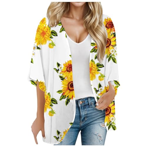 Strickjacke Damen Hawaii Cardigan Sommer Bolero Strand Offene Front Jacke Dünne Sommerjacke 3/4 Arm Bluse Lang Blouson Locker Top Longshirt Leichte Outfit Boho Beachwear Blusejaceke Strandtunika