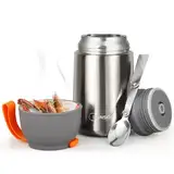 DUNSOO Thermobehälter für Essen 650ml | Wärmebehälter für Speisen Edelstahl mit Faltbaren Löffel | Thermo Lunchbox Ideal für die Aufbewahrung von Suppen, Brei, Eiscreme und Joghurt. (Grau)