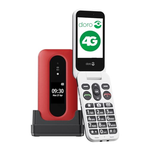 Doro - Leva L30 - Seniorenhandy - 4G-Klapphandy ohne Vertrag - Externes Display - HD-Audioqualität - Kamera - Notruftaste mit GPS - Inklusive Ladestation - Rot/Weiß